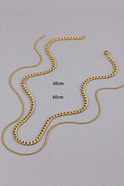 Bluem مجموعة سلسلة الشعير المزدوجة السميكة والرفيعة باللون الأصفر المقاوم للصدأ - قلادة مستوردة مضادة للتشويه