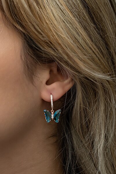 Nereze 925 Ayar Gümüş Mavi Taşlı Sallantılı Kelebek Küpe