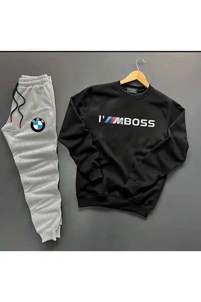 NewCabin New Season I'm Boss Printed Black Cotton Crew Neck Sweat-cotton Winter Sweatpants Set 2