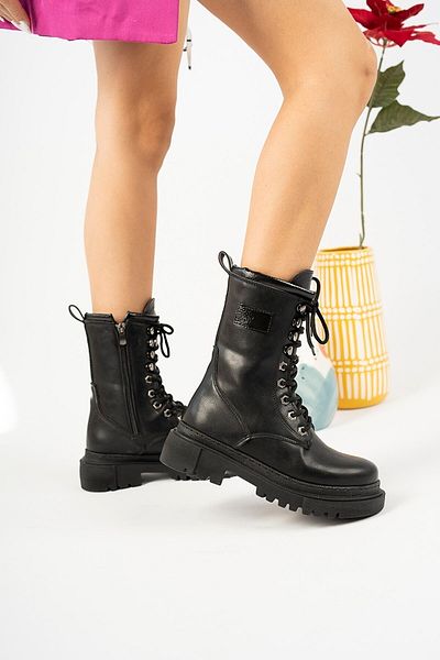 Anıl Ayakkabı Kç Women's Black Leather Thick Sole Detailed Lace Up Long Suede Boots