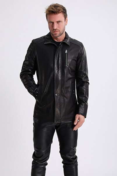 Leather Club Siyah Dikiş Detaylı Vejetal Deri Kaban