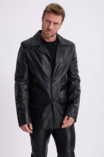 Leather Club Siyah Çift Düğmeli Deri Kaban