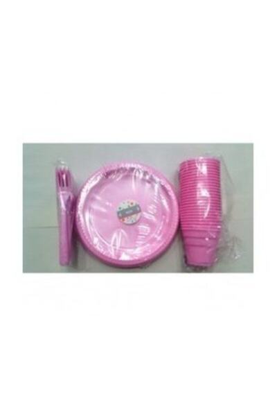 14Süs Pembe Renk 25 Li Plastik Bardak + Catal + Tabak