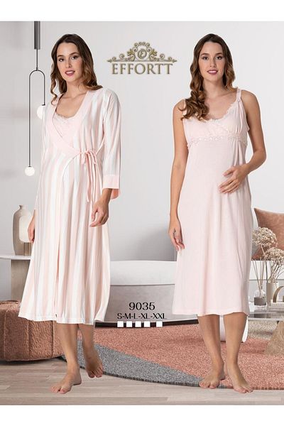 Effortt Maternity Set with Strappy Stripe Detail and Dressing Gown Nightgown