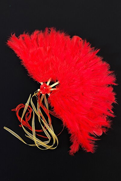 ZEYMERADE Kırmızı Gelin Yelpazesi, Ahşap Tüylü Kına Yelpazesi, Nedime Sünnet Yelpaze, Büyük Boy Yelpaze 60*35