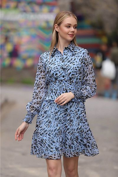 Neşeli Butik Rochie mini din șifon cu guler cămașă Gipeli albastră Rssn23