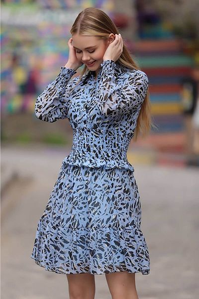 Neşeli Butik Rochie mini din șifon cu guler cămașă Gipeli albastră Rssn23