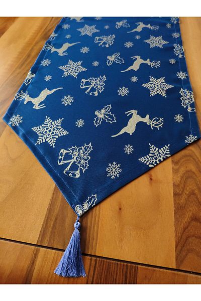 Viemso New Year's Special Patterned Gold Glitter Navy Blue Tassel Runner
