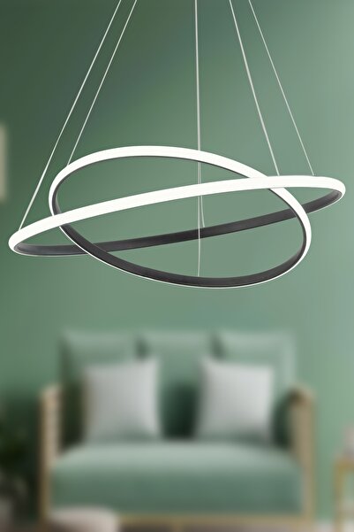 Dekorluna Bernardo 45x35 Büyük Çember Siyah Modern Sarkıt Beyaz Işık Led Avize