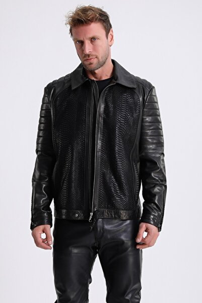 Leather Club Siyah Kroko Basklı Vejetal Deri Ceket