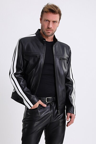 Leather Club Siyah Beyaz Şerit Detaylı Deri Ceket