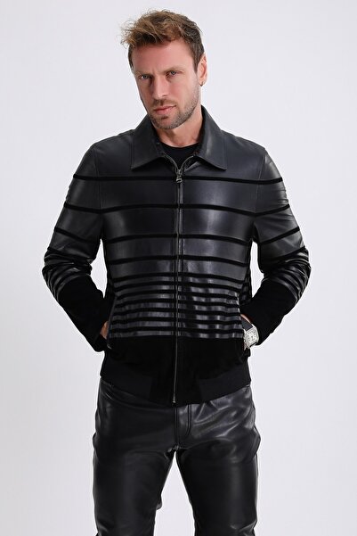 Leather Club سترة من جلد الغزال بتفاصيل مخططة باللون الأزرق الداكن