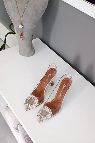 LA CALZATURE Pantofi de damă Stiletto cu toc șampanie de 9 cm cu piele transparentă și accesorii din piatră Zr