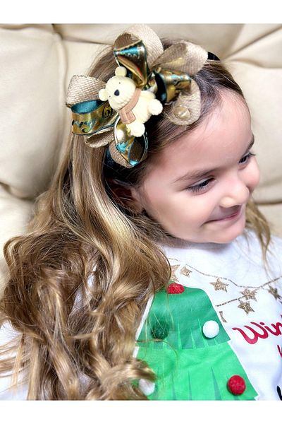 QUEEN AKSESUAR New Year's Eve Luxury Metalic Gold Teddy Bear Decorated Straw Bow Crown Women's Children's Crown