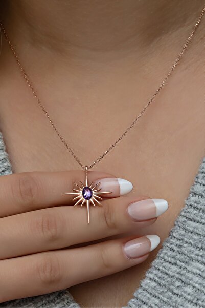 Nereze 925 Ayar Gümüş Mor Taşlı Kutup Yıldızı Kolye