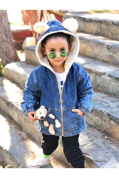Pink Hippo Kids Unisex Children's Denim Coat with Ear Hood, Welsoft Lining on the Inside, Teddy Bear Detail on the Pocket, and Zipper