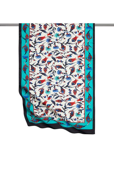 Bursa İpek Green Black Carnation Tulip Pattern Large Silky Scarf