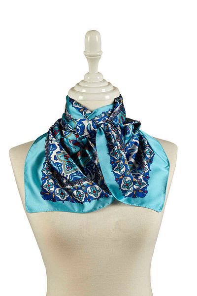 Bursa İpek Saks Blue Tile Tulip Pattern Narrow Silky Scarf
