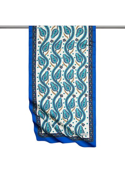 Bursa İpek Navy Blue Flower Pot Row Tulip Pattern Narrow Silky Scarf