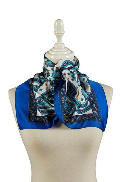 Bursa İpek Navy Blue Flower Pot Row Tulip Pattern Narrow Silky Scarf