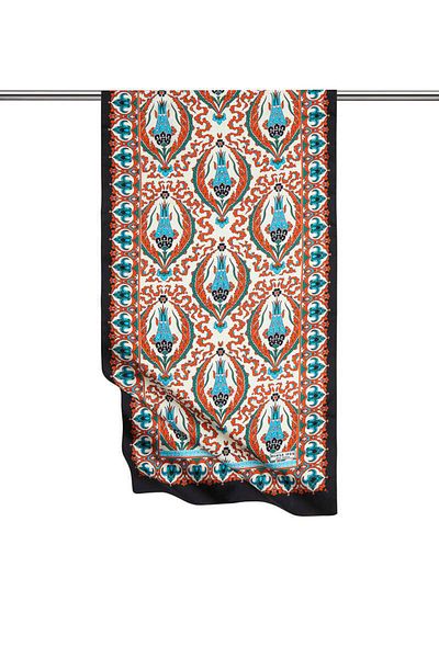 Bursa İpek Orange Black Carnation Pattern Narrow Silky Scarf