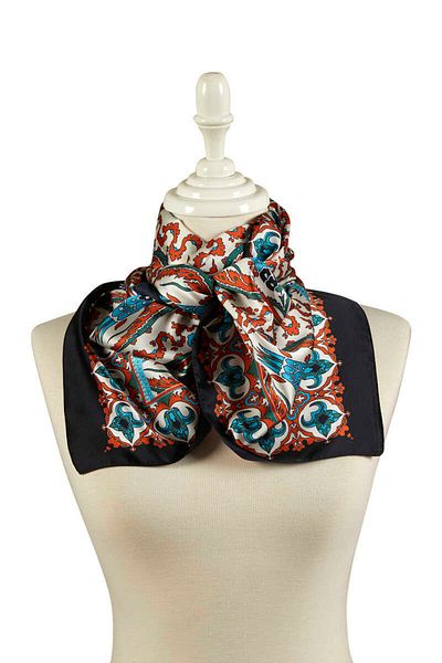 Bursa İpek Orange Black Carnation Pattern Narrow Silky Scarf