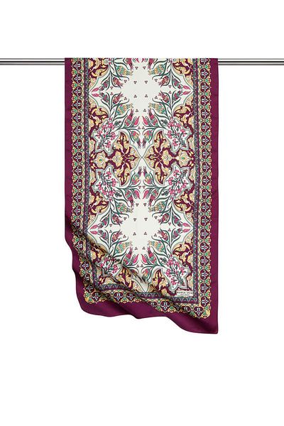 Bursa İpek Gold Plum Tile Tulip Pattern Narrow Silky Scarf
