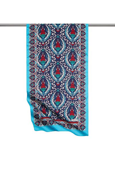 Bursa İpek Navy Blue Turquoise Carnation Pattern Narrow Silky Scarf