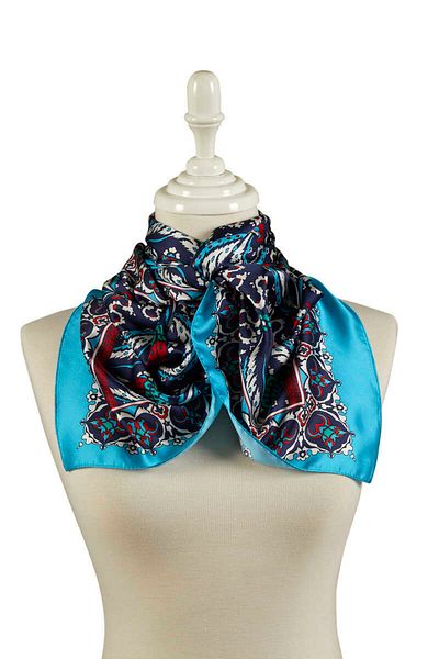 Bursa İpek Navy Blue Turquoise Carnation Pattern Narrow Silky Scarf