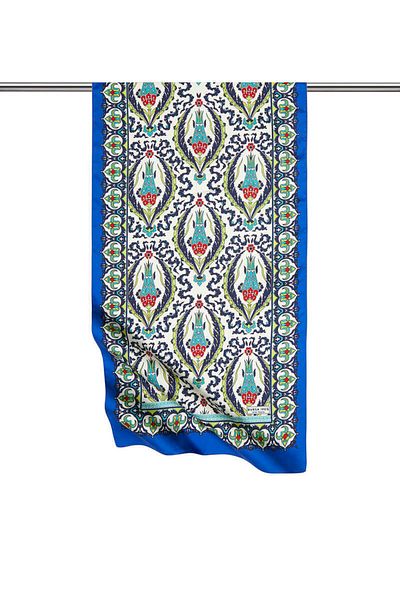 Bursa İpek Saks Green Carnation Pattern Narrow Silky Scarf