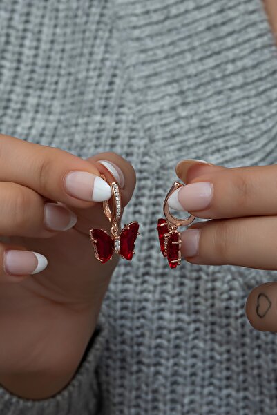 Nereze 925 Ayar Gümüş Kırmızı Taşlı Sallantılı Kelebek Küpe