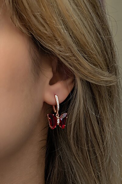 Nereze 925 Ayar Gümüş Kırmızı Taşlı Sallantılı Kelebek Küpe