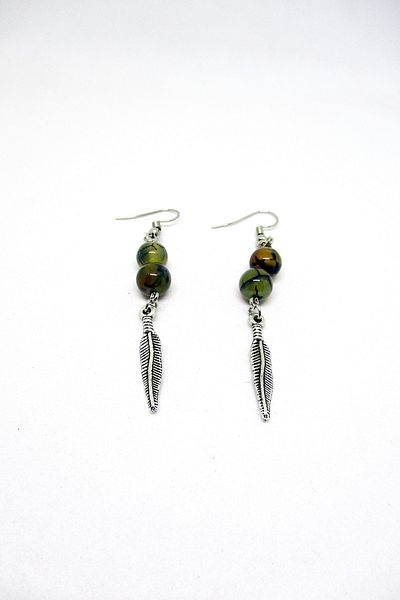 Kusakli Green Variegated Spider Agate Natural Stone Earrings with Feather Figures