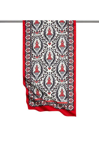 Bursa İpek Black Red Clove Pattern Narrow Silky Scarf