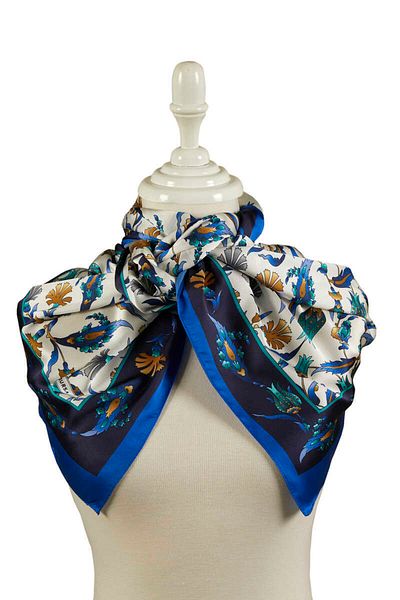Bursa İpek Navy Blue Saxe Carnation Tulip Pattern Large Silky Scarf