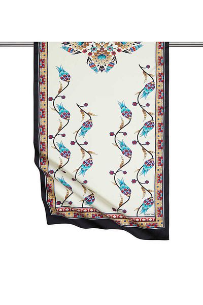 Bursa İpek Gold Black Row Tulip Pattern Large Silky Scarf
