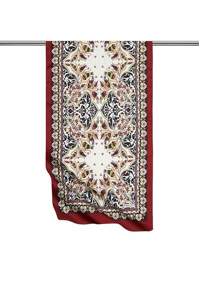 Bursa İpek Black Claret Red Tile Tulip Pattern Narrow Silky Scarf