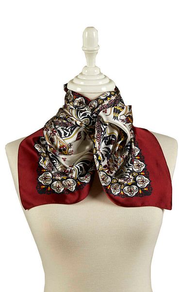 Bursa İpek Black Claret Red Tile Tulip Pattern Narrow Silky Scarf