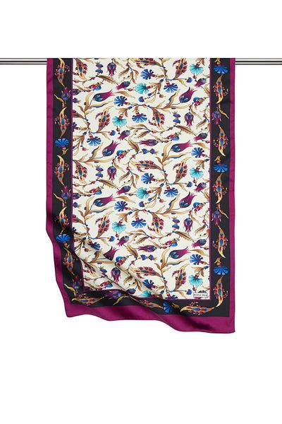 Bursa İpek Purple Black Carnation Tulip Pattern Large Silky Scarf