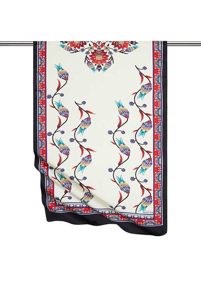Bursa İpek Red Black Row Tulip Pattern Large Silky Scarf