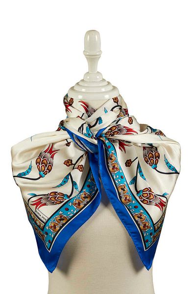 Bursa İpek Saks Turquoise Row Tulip Pattern Large Silky Scarf