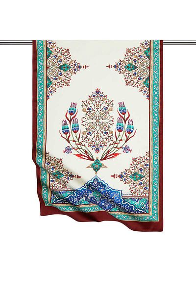 Bursa İpek Green Claret Red Candlestick Pattern Large Silky Scarf