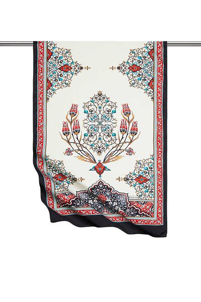 Bursa İpek Red Black Candlestick Pattern Large Silky Scarf