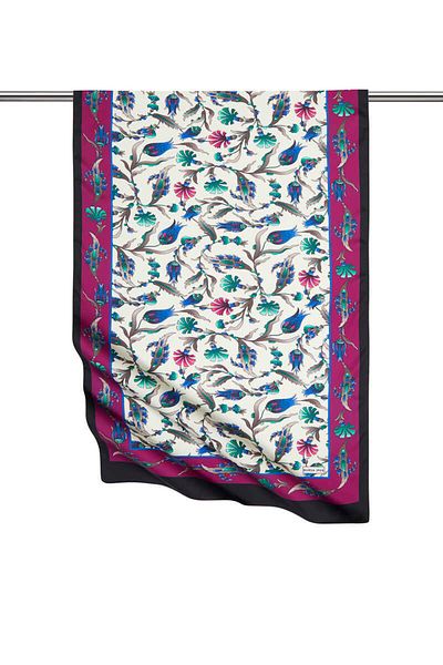 Bursa İpek Black Purple Carnation Tulip Pattern Large Silky Scarf
