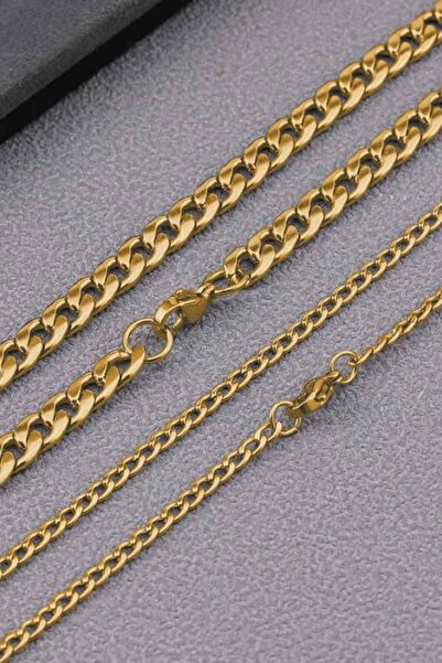 Bluem مجموعة سلسلة الشعير المزدوجة السميكة والرفيعة باللون الأصفر المقاوم للصدأ - قلادة مستوردة مضادة للتشويه