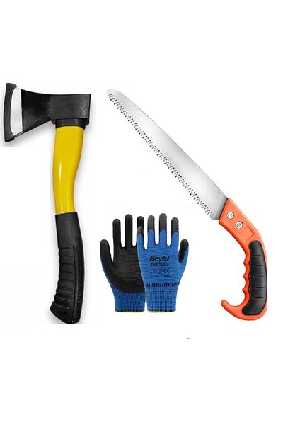 ozaslan Garden Tool Set Vineyard Pruning Saw Fiber Axe Glove Pruning Set 3 Pieces