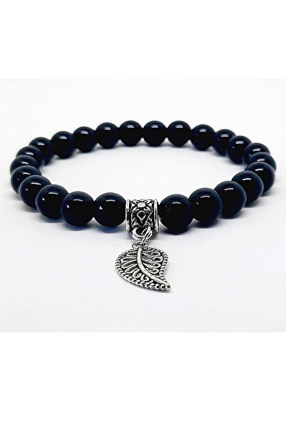 Kusakli Onyx Natural Stone Unisex Bracelet with Dangle Leaf Figure