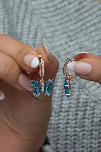 Nereze 925 Ayar Gümüş Mavi Taşlı Sallantılı Kelebek Küpe