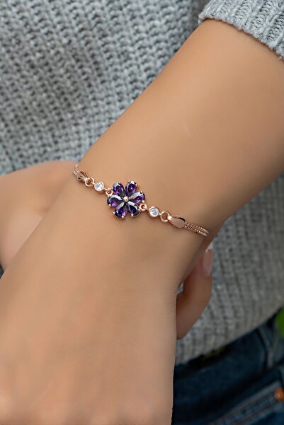 Nereze 925 Ayar Gümüş Mor Taşlı 6 Yaprak Çiçek Bileklik