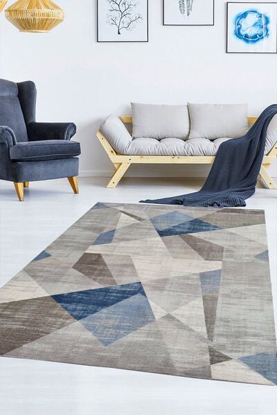 Mutlu Çeyiz Geometrik Desenli Süngerli Lastikli Kaymaz Yıkanabilir Halı Örtüsü Mc63